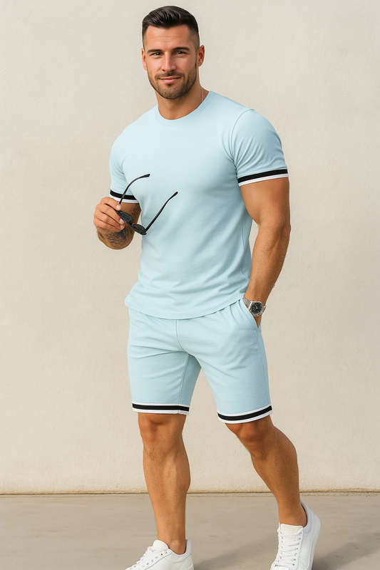 Men’s 2-Piece Outfit – Custom Fit Tee & Stripe Hem Shorts Set