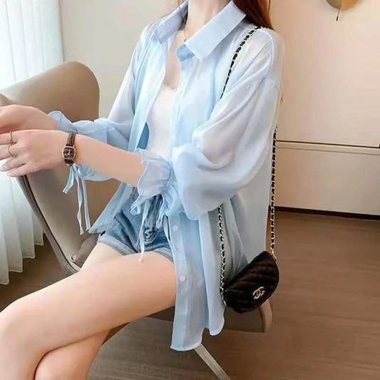 Women’s Chiffon Sun Protection Blouse – Sweet Long Sleeve Lace-Up Top