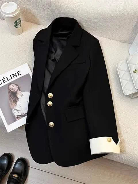 Chic Notched Blazer for Women – Solid Long Sleeve Office Jacket for Autumn/Winter