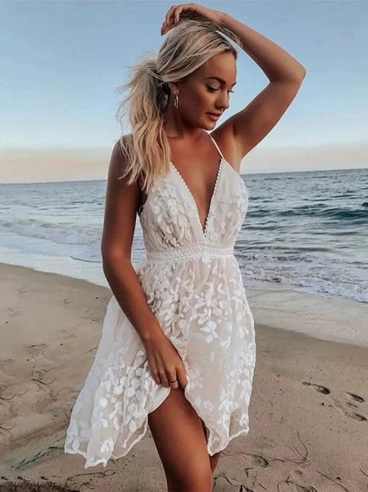 2025 New Summer Women’s Backless Beach Dress White Floral Embroidery Mesh Lace Sundress