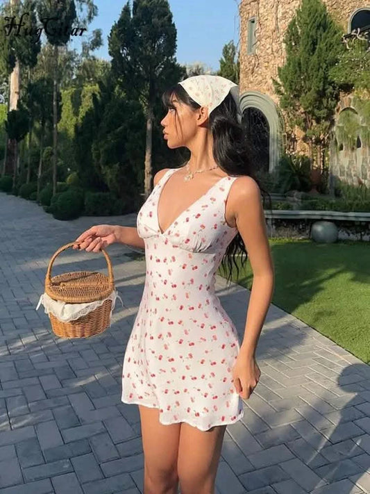 2025 Summer Women’s Cherry Print Backless Mini Dress - Elegant Bodycon for Parties and Vacations
