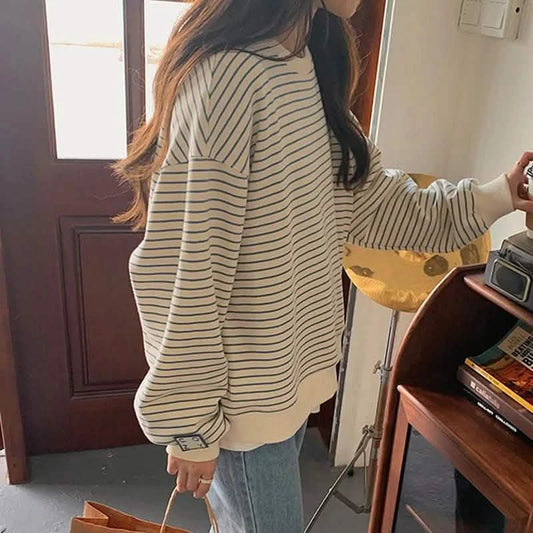 Trendy Spring/Summer Women’s Top – Slim Fit, Long Sleeve, Striped, Macaron Color Design