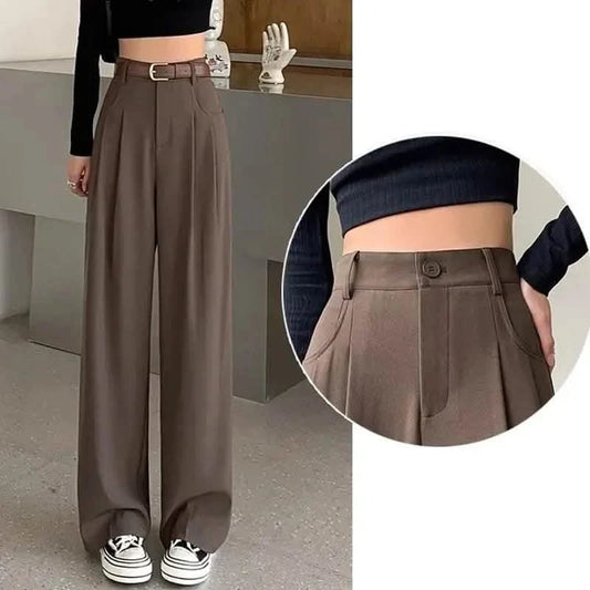 2024 Classic Women’s High-Waisted Suit Pants – Wide-Leg Coffee Straight-Leg Trousers