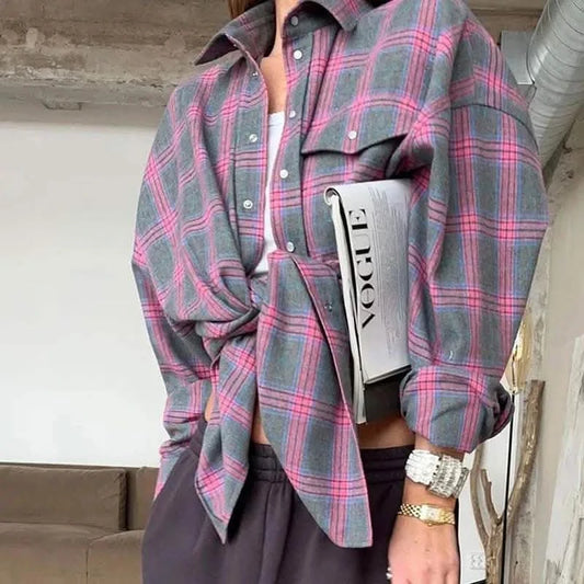 Vintage-Inspired Oversized Plaid Shirt – Long Sleeve Lapel Blouse for Women