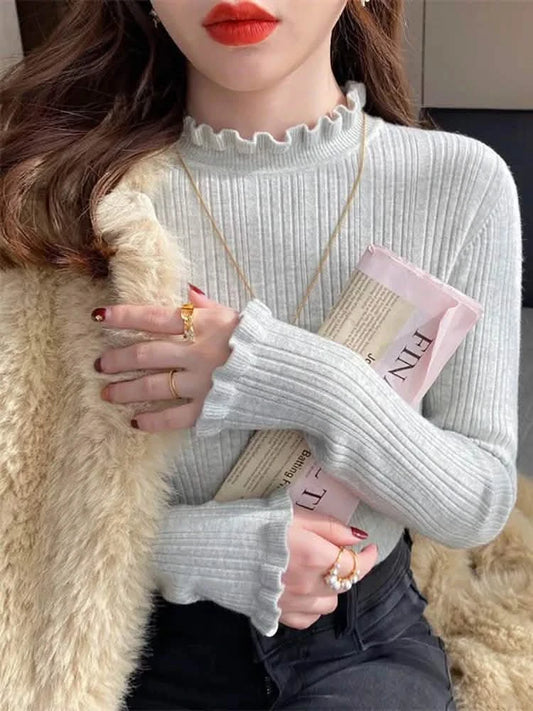 Women’s Long Sleeve Knitted Turtleneck Sweater – 2024 Binding Stretch Fashion Top