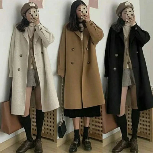 Women’s Medium-Length Woolen Jacket –  Korean Style Thickened Loose-Fit Coat