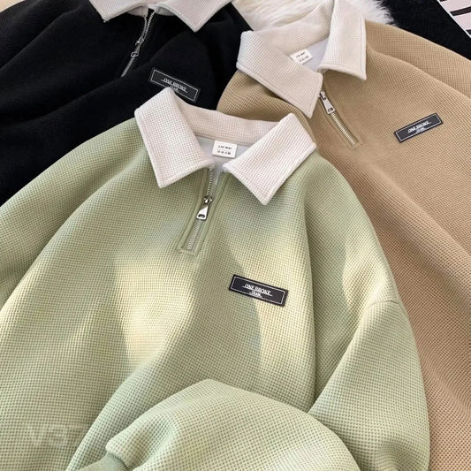 Women’s Casual Vintage Polo Sweatshirt – Color Blocking Lapel Top for Spring and Autumn Wear