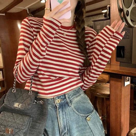 Autumn New Women’s T-Shirt  Slimming Striped Color Blocked Long Sleeve Cropped Top
