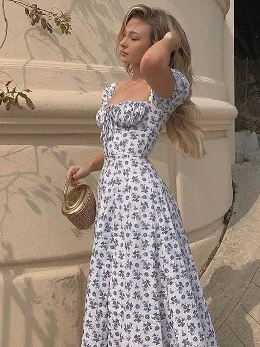New Arrival 2025 Ladies White Backless Dress  Elegant Puff Sleeve Floral Print Slit Long Dress