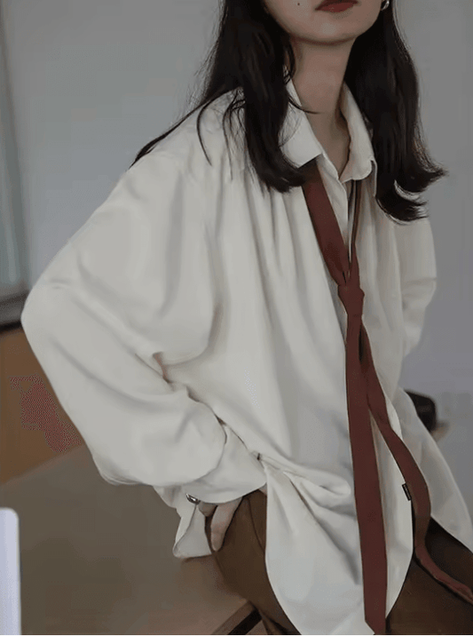 2025 Spring Minimalist Long Sleeve Button-Up Shirt – Korean Style Oversized Blouse for Women
