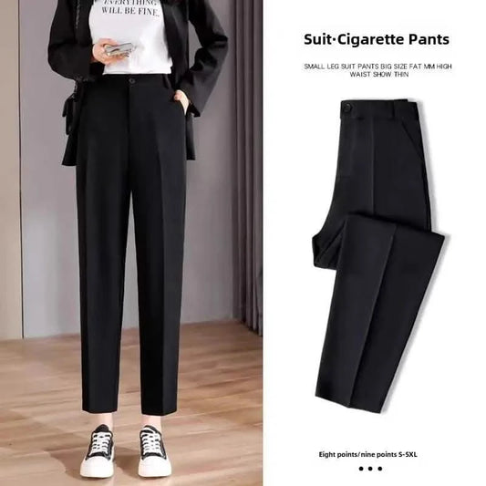 Pantalones de traje negros adelgazantes de cintura alta para mujer: pantalones casuales de pierna recta y drapeados, primavera/otoño 2024