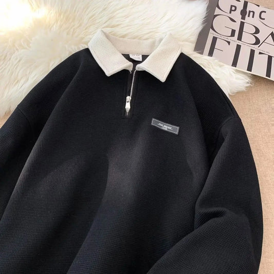 Women’s Casual Vintage Polo Sweatshirt – Color Blocking Lapel Top for Spring and Autumn Wear