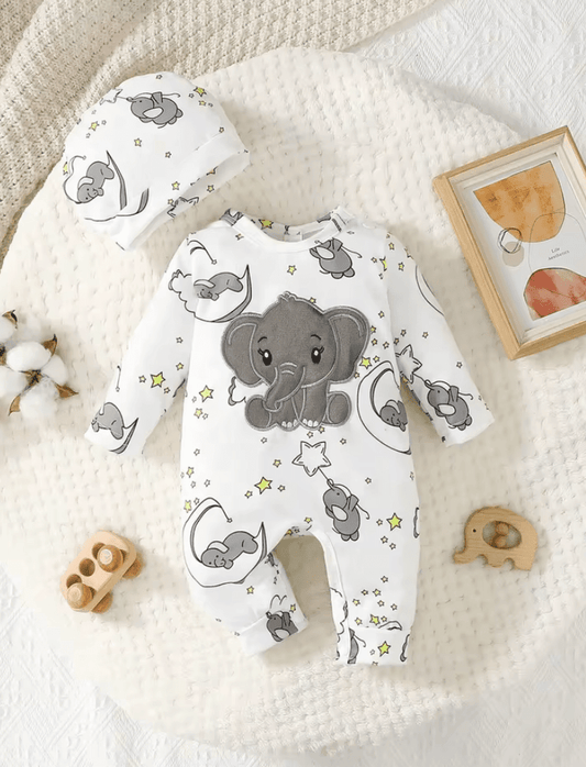 2PCS Baby Romper Set – Cartoon Elephant Embroidered Long Sleeve Bodysuit with Matching Hat – Cute Newborn Outfit for Boys & Girls