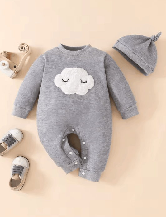 2PCS Baby Romper Set – Cloud Embroidered Long Sleeve One-Piece + Hat – Japanese Korean Style Newborn Outfit for Spring & Autumn (0–18 Months)