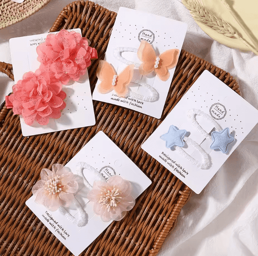 2Pcs/Set Cute Flower Bow & Star Hair Clips – Solid Color Nylon, Knitting & Mesh Hairpins for Girls