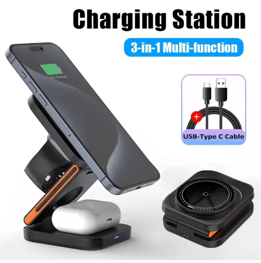 30W 3-in-1 Foldable Charging Station – Fast Magnetic Wireless Charger Stand for iPhone 15/14/13/12, Apple Watch 8/7/6 & AirPods Pro