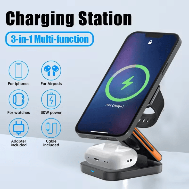 30W 3-in-1 Foldable Charging Station – Fast Magnetic Wireless Charger Stand for iPhone 15/14/13/12, Apple Watch 8/7/6 & AirPods Pro 30W 3-in-1 Foldable Charging Station – Fast Magnetic Wireless Charger Stand for iPhone 15/14/13/12, Apple Watch 8/7/6 & AirPods Pro