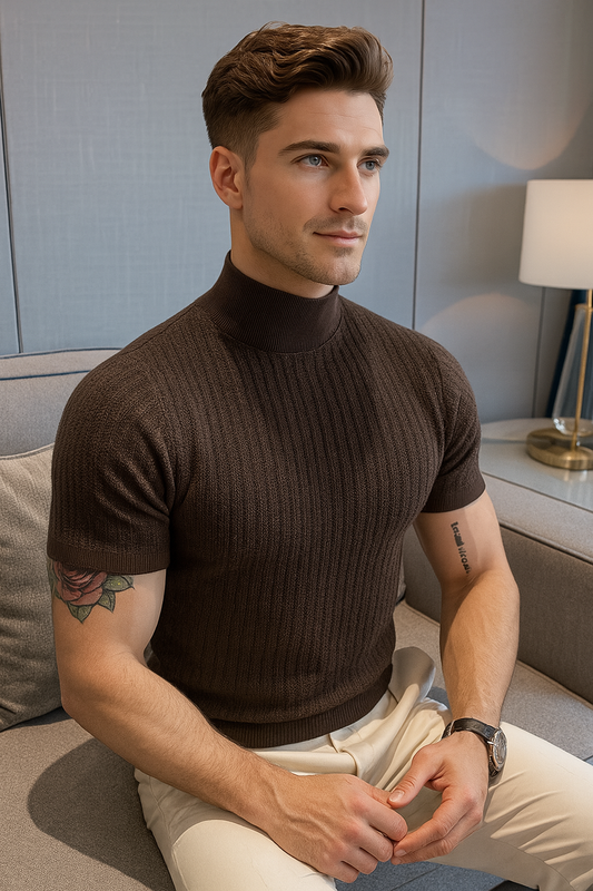 Men’s Summer Knitted High Neck T-Shirt – Solid Color Ripple Texture Tee, Casual European Style Base Layer Top