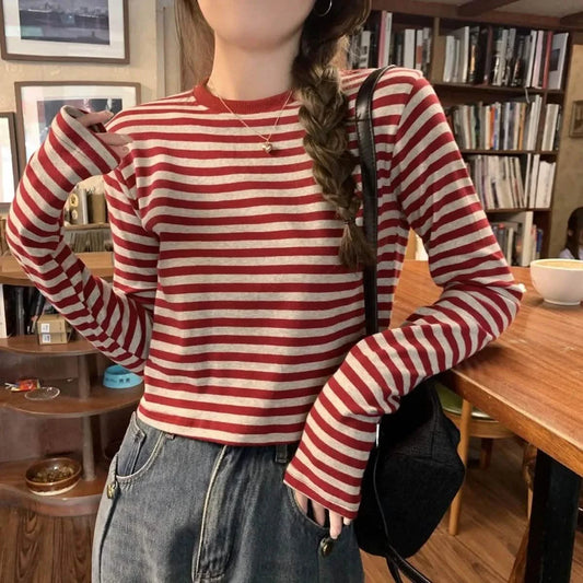 Autumn New Women’s T-Shirt  Slimming Striped Color Blocked Long Sleeve Cropped Top