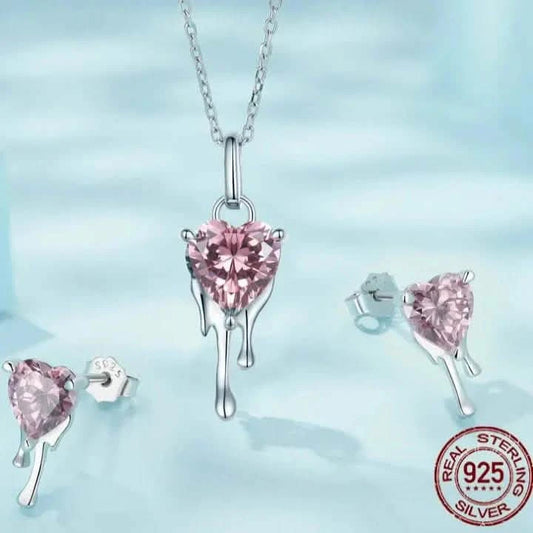 VIRA 925 Sterling Silver Heart-Shaped Pink Crystal Tassel Drop Earrings & Charm Necklace Set - Perfect for Valentine’s Day and Weddings”