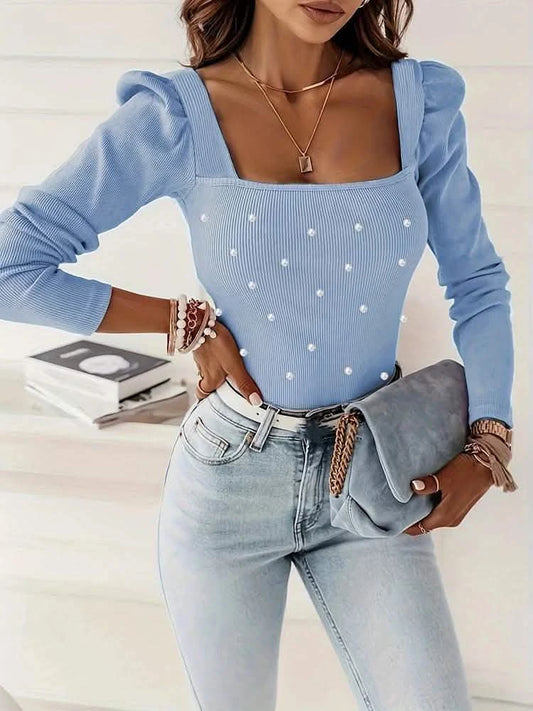 Pink Knitted Long Sleeve Pullover - Square Collar Pearl Shirt for Women, Winter Youth Style