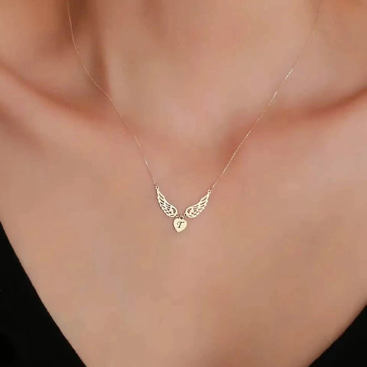 Timeless Elegance: Personalized Heart & Angel Wing Pendant Necklace – Stainless Steel Choker for Women