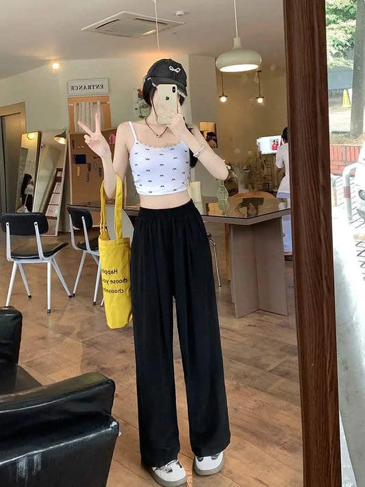 بنطلون كوري سادة بخصر عالٍ للنساء – بنطلون طويل عتيق عصري، صيف 2025