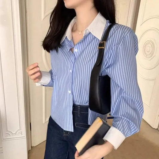 Vintage Korean Style Striped Blouse – Women’s Simple Turn Down Collar Top
