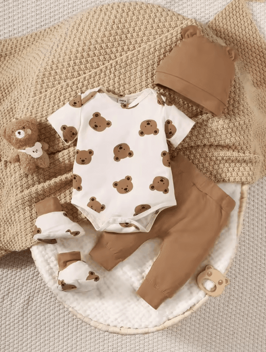 4PCS Baby Boy Outfit Set – Bear Print Romper, Pants, Hat & Socks – Newborn Infant Clothing for Full Moon Photos & Daily Wear (0–9 Months)