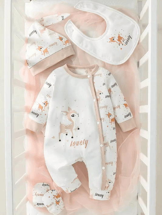 4PCS Baby Girl Outfit Set – Long Sleeve Deer Print Jumpsuit with Matching Bib, Hat & Gloves – All-Season Newborn Clothes (Pastoral Style)
