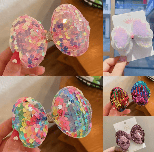 5PCS Long Gradient Color Sequin Big Bow Hair Clips for Girls – Cute Kawaii Princess Hairpins