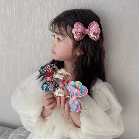 5PCS Long Gradient Color Sequin Big Bow Hair Clips for Girls – Cute Kawaii Princess Hairpins