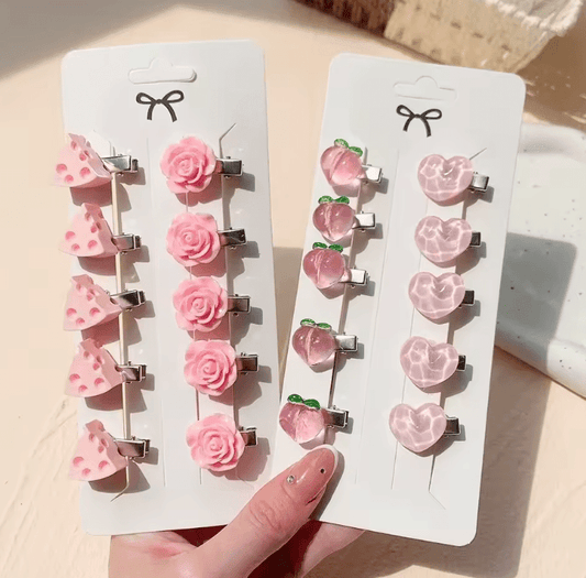 5Pcs/Set Cute Pink Mini Bows Hair Clips – Lovely Heart & Flower Hairpins for Girls