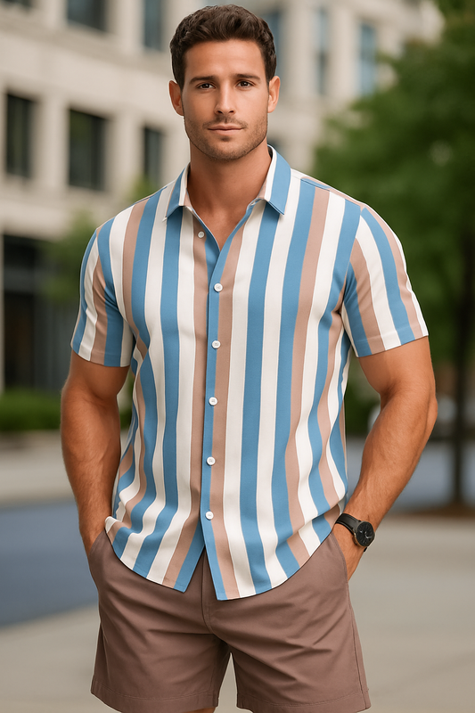 Men’s Summer 2-Piece Outfit – 3D Stripe Print Quick-Dry Shirt & Drawstring Shorts Set – Casual Beach Vacation Suit