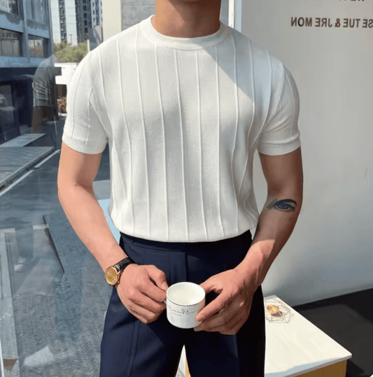 Luxury Men’s Knit T-Shirt – Summer Style, Round Neck, Short Sleeves, Korean-Inspired Knitwear