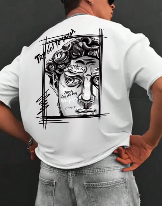 Men’s Creative Sculpture Text Design T-Shirt - Cotton Crewneck, Loose Fashion Top for Autumn