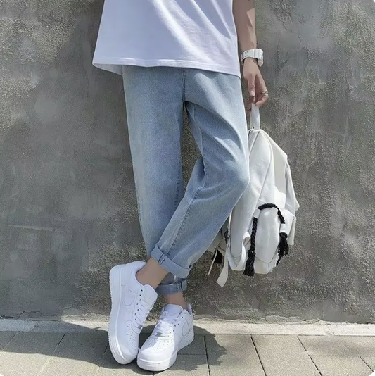 Versatile Summer Straight-Leg Jeans for Men – Loose-Fit Korean Style with Elastic Waist, Ideal for Students