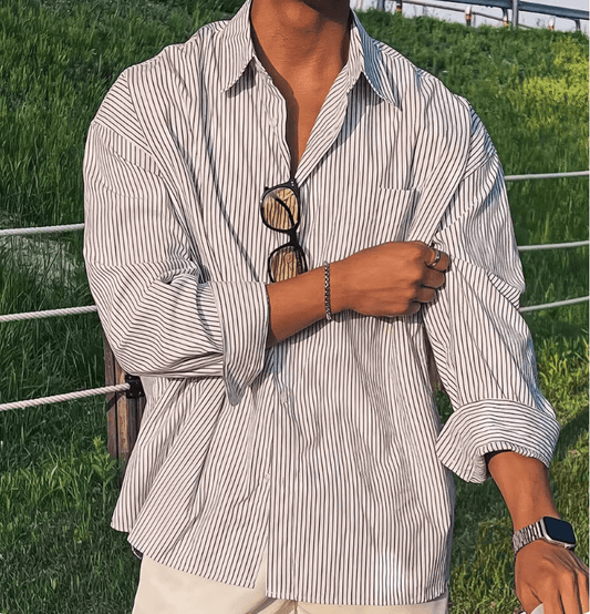 Men’s Blue Vertical Striped Long-Sleeve Shirt - High-Quality Korean Style Casual Coat for Travel & Hiking
