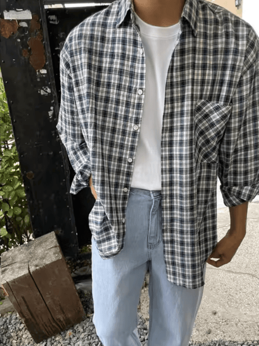 Oversized Korean Style Plaid Shirt for Men – Lightweight Long Sleeve Casual Top, Unisex Thin Coat for Outdoor Camping and Everyday Wear