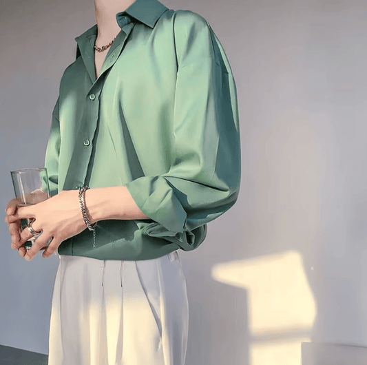 Korean Vintage Green & White Draped Loose-Fit Square Collar Shirt