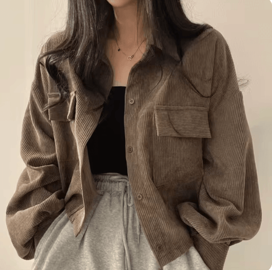 French Vintage Corduroy Jacket - Women’s Chic Lapel Long Sleeve Loose Fit for Spring 2024