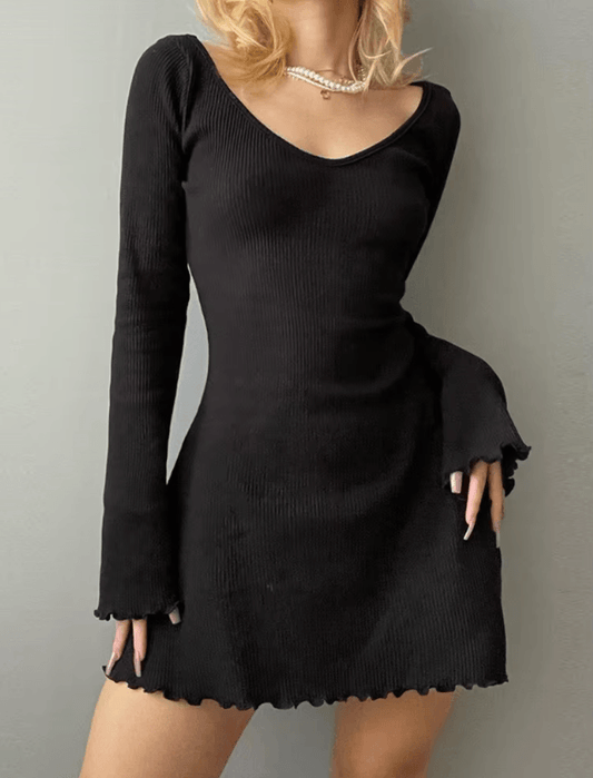 Elegant V-Neck Slim Dress for Women – Solid Color with Irregular Hem, Perfect for Office or Casual Wear