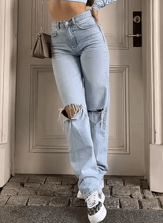 2025 Women’s New Knee-Piercing Jeans | Loose Casual Straight Micro-Elastic Fit