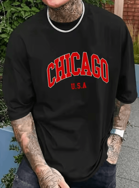 Men’s Summer CHICAGO Print Cotton T-Shirt - Casual Loose Streetwear