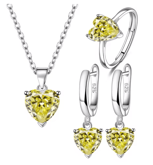 925 Sterling Silver Jewelry Sets for Women – Heart Zircon Ring, Earrings & Necklace – Elegant Wedding, Bridal & Christmas Gift
