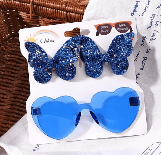 طقم مشابك شعر أنيقة على شكل فراشة لامعة ونظارات شمسية على شكل قلب | إكسسوارات شعر أنيقة للبنات