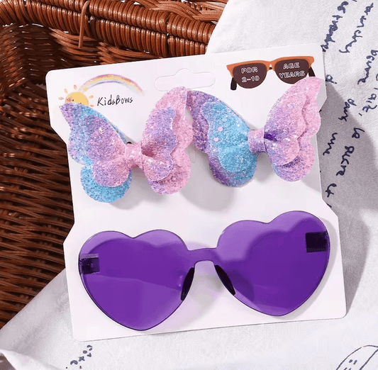 طقم مشابك شعر أنيقة على شكل فراشة لامعة ونظارات شمسية على شكل قلب | إكسسوارات شعر أنيقة للبنات