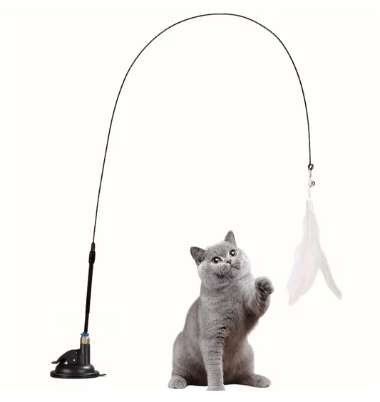 Interactive Cat Teaser Wand with Bell & Feather – Long Suction Cup Pole for Endless Playtime Fun