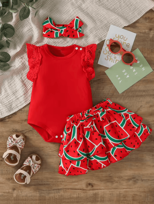 Baby Girls Summer Sleeveless Watermelon Print Shirt Set - Cute Vacation & Streetwear Outfit