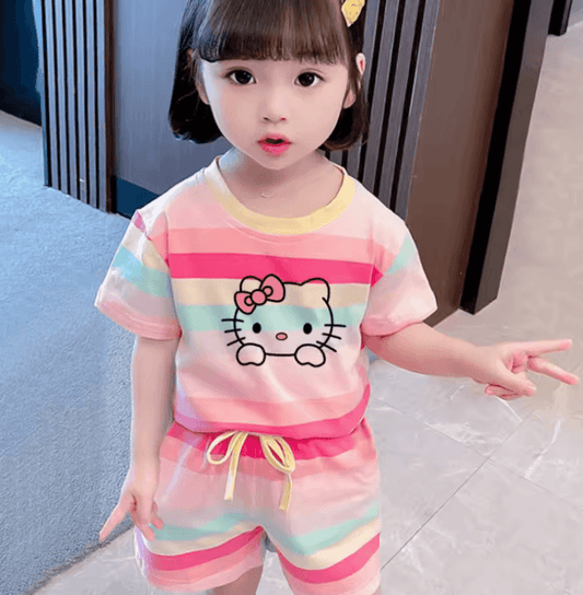 🌸 Cute Hello Kitty Summer Set – Short Sleeve T-Shirt & Elastic Waist Shorts for Baby Girls
